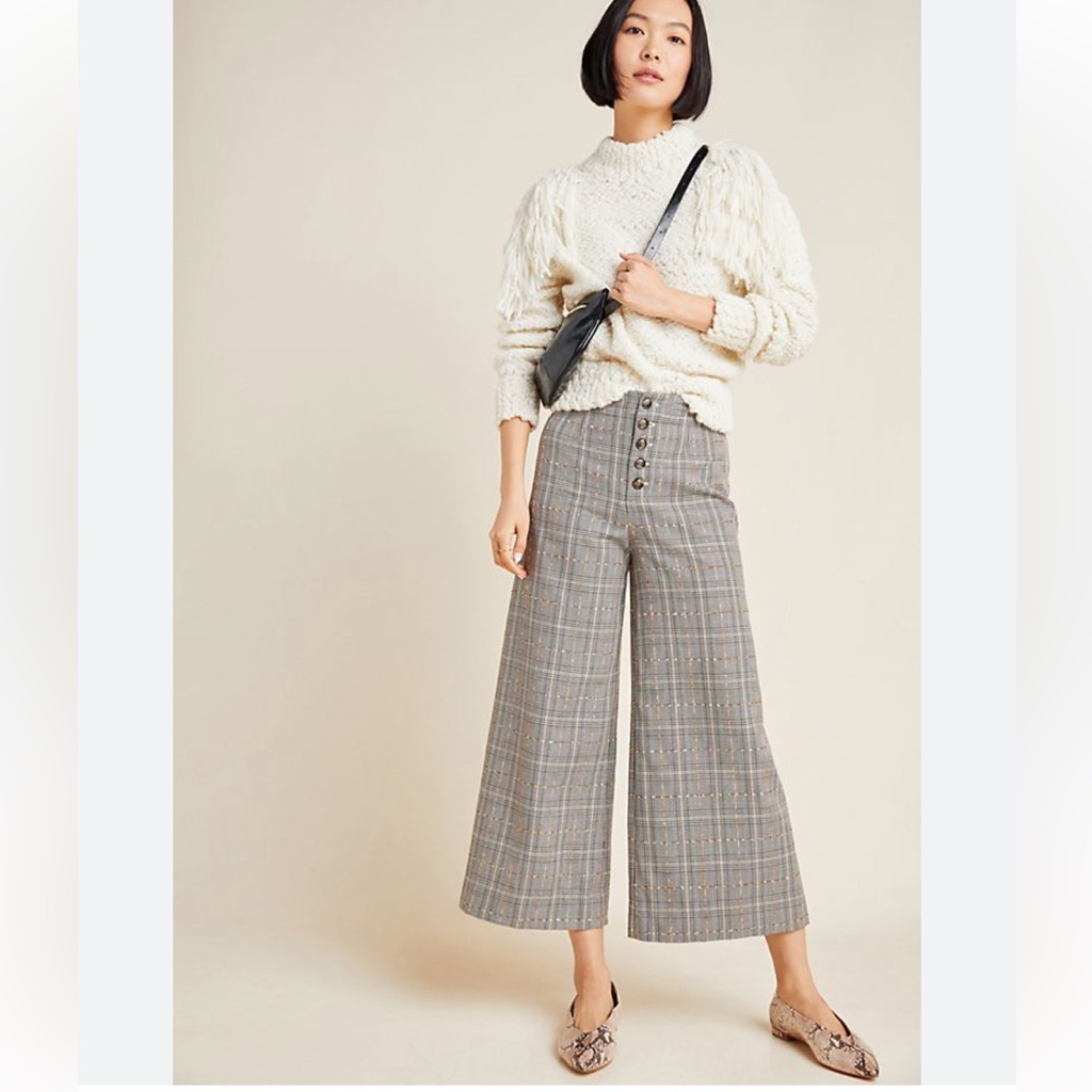 Anthropologie Roma Plaid Wide Leg Cropped Pants Textured Exposed Button